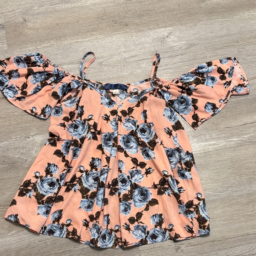 Blue Rain Floral Off-Shoulder Blouse in Peach and Blue